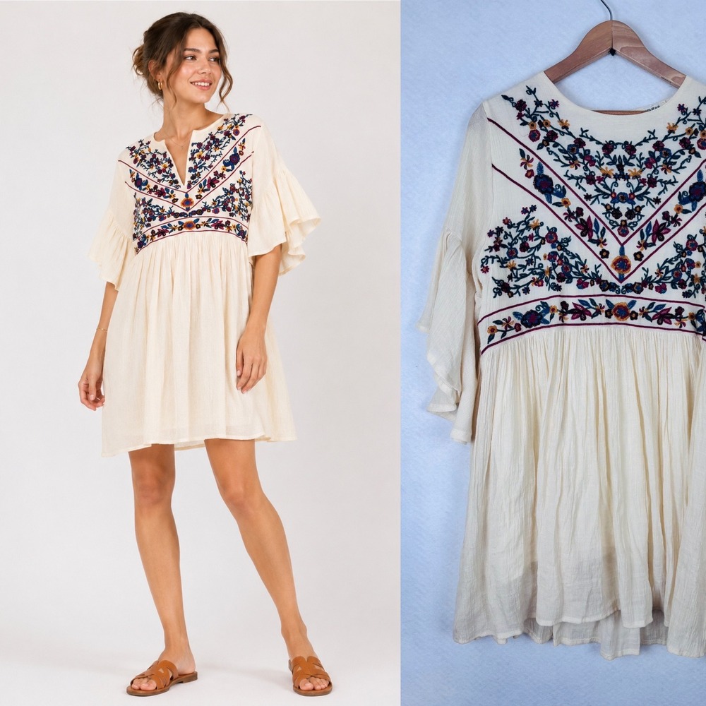 Umgee L Embroidered Floral Babydoll Dress Boho Tunic Mini Ruffle Sleeve